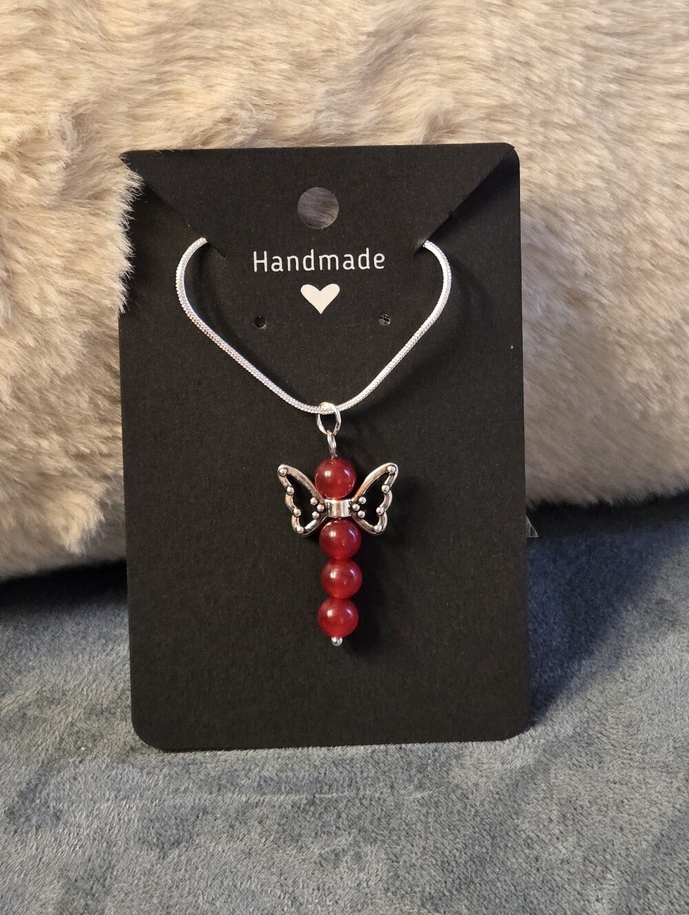 Red beaded Silver Angel Necklace - Hand Crafted